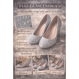 Silver Rhinestone Wedge Heels Size 9 Sparkly Crystal Dress  Glam Wedding Party